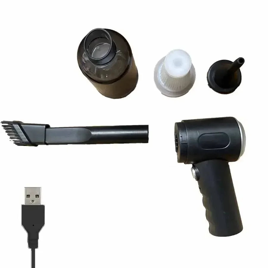 Complete black handheld vacuum kit with USB cable and attachments