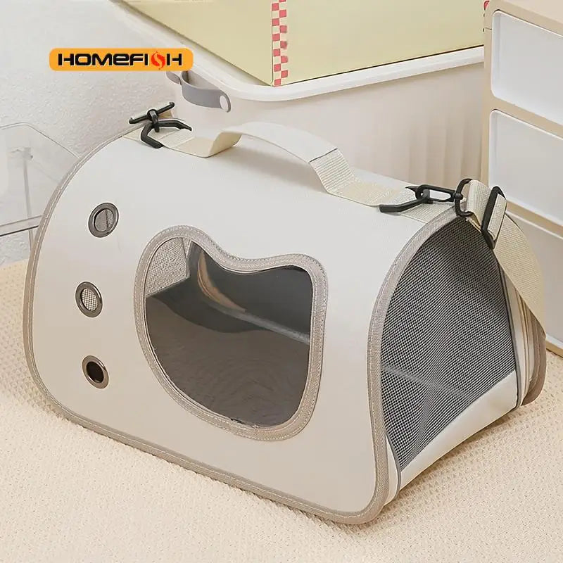 White foldable pet carrier with mesh ventilation