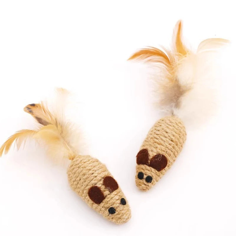 Two sisal mouse toys with feather tails