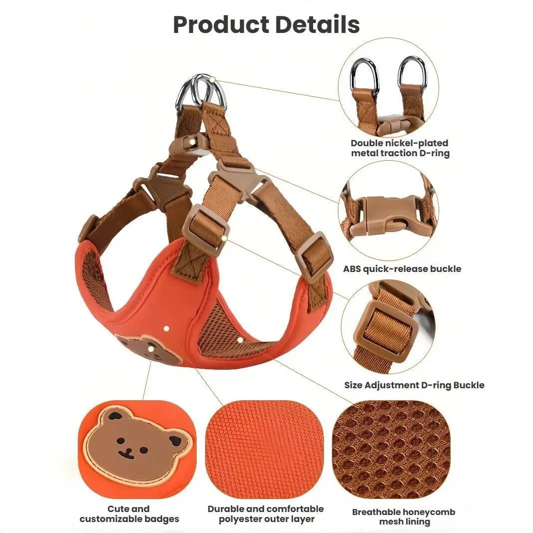 Harness buckle, D-ring, and mesh construction details