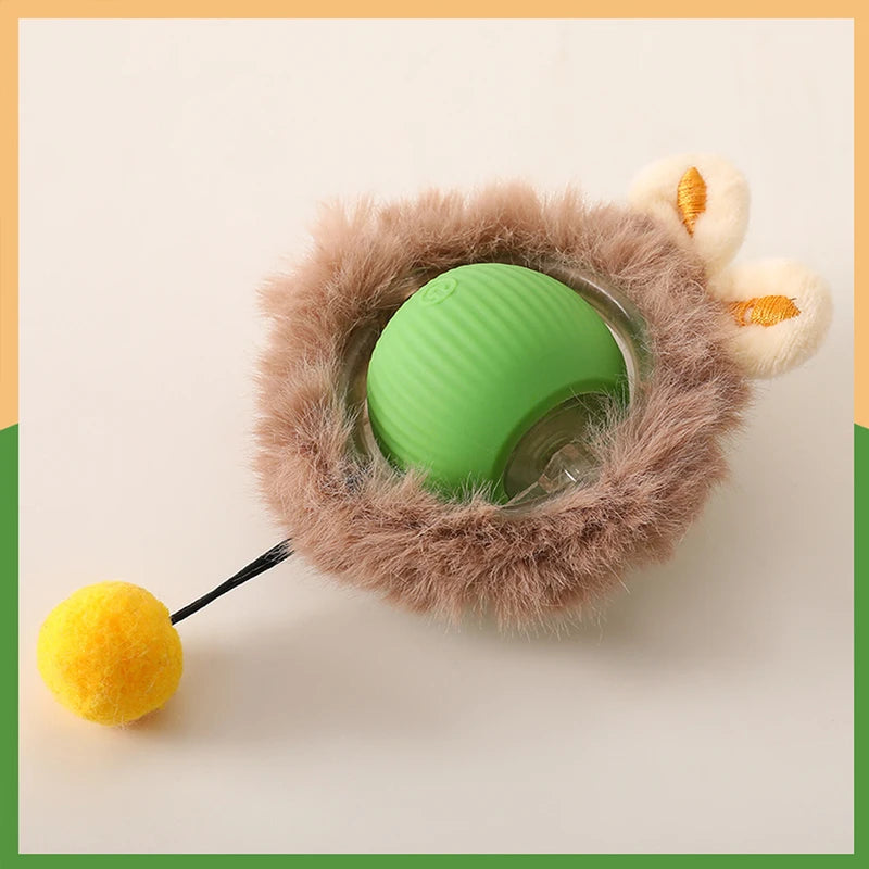 Green motion-activated smart cat ball with plush cover and pom-pom