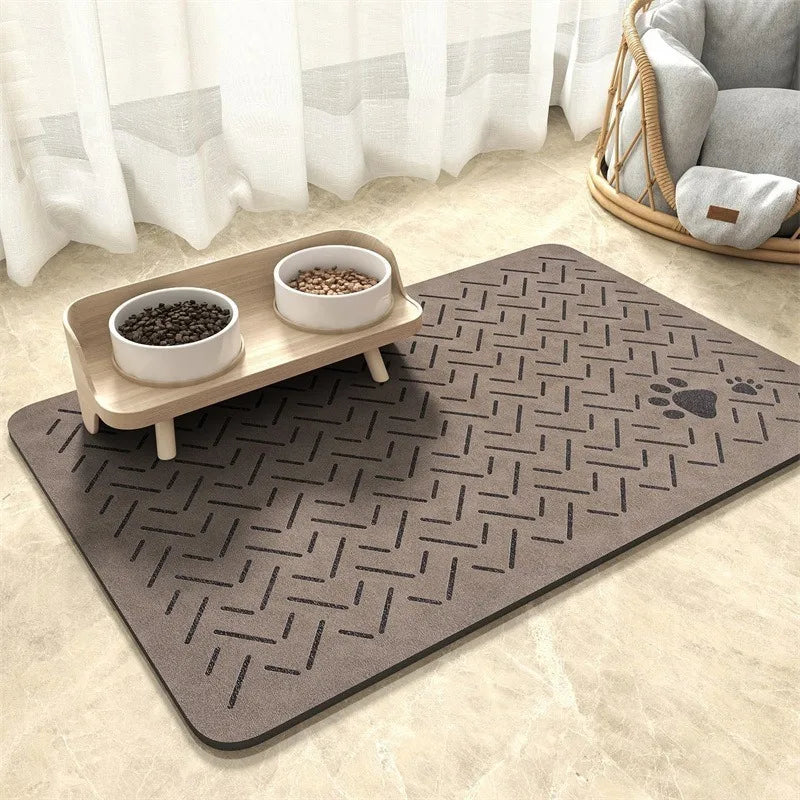 Pet feeding mat under food and water bowls