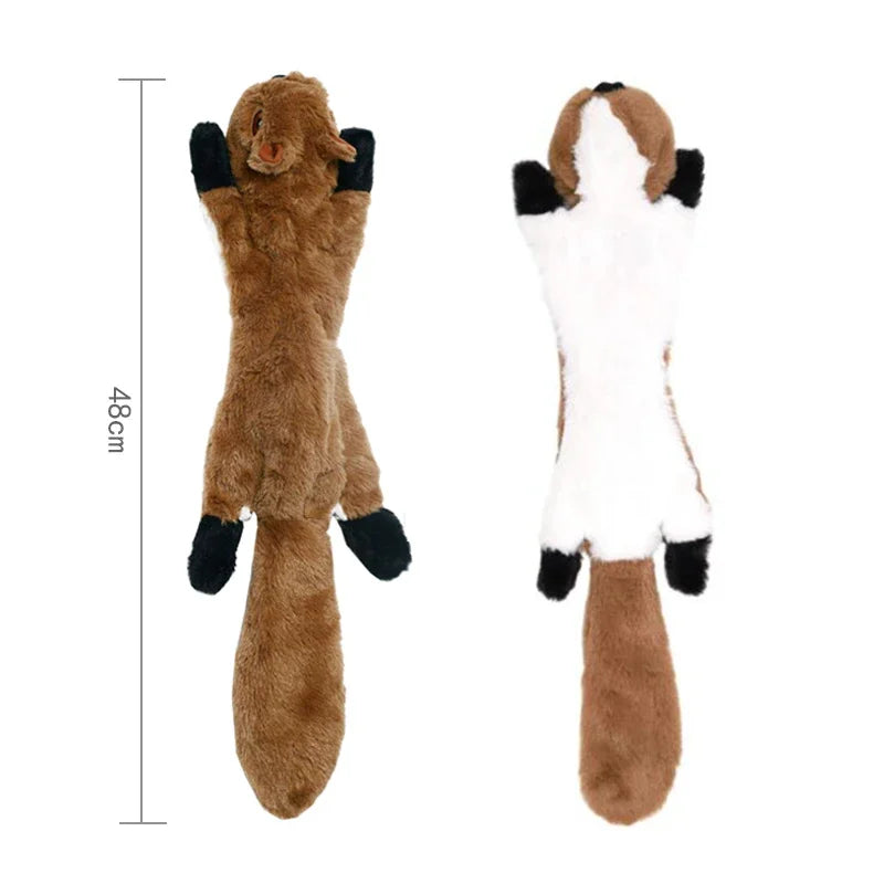 Front and back view of the long squirrel dog toy