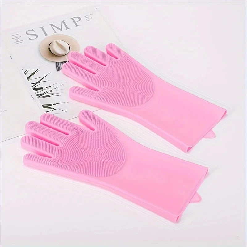 Pink silicone pet bathing gloves