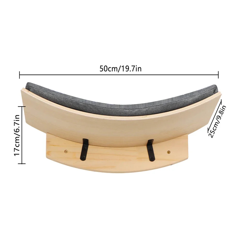 Curved natural wood cat wall perch with gray carpet
