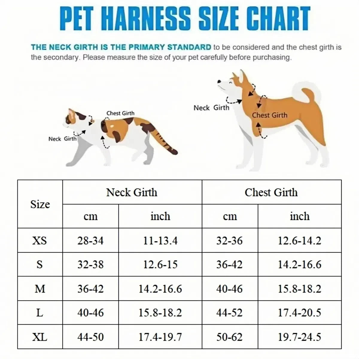 Bear-detail pet harness size chart