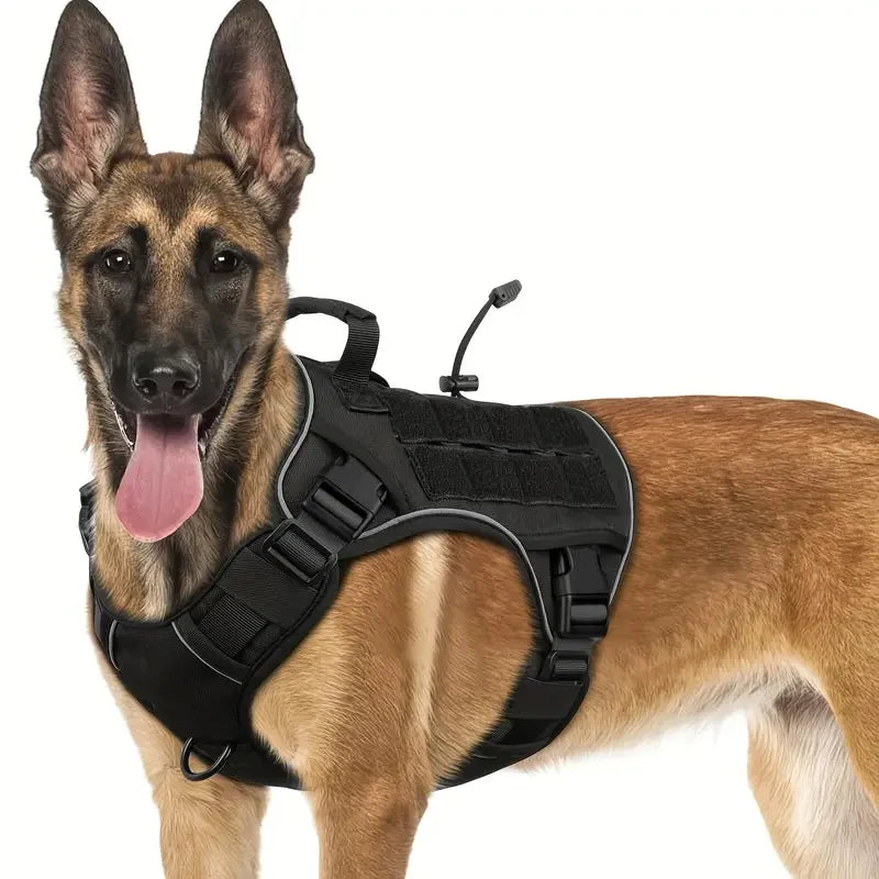 Black tactical dog harness with webbing panels