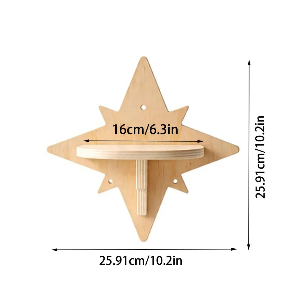 Natural wood star-shaped wall shelf for cats
