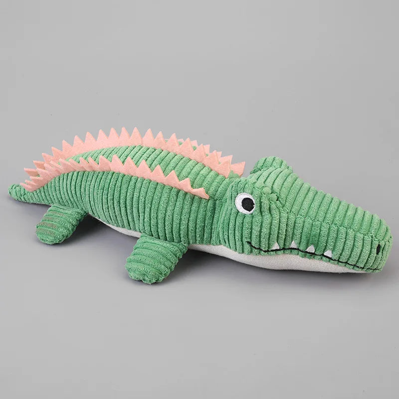 Green corduroy crocodile squeaky dog toy