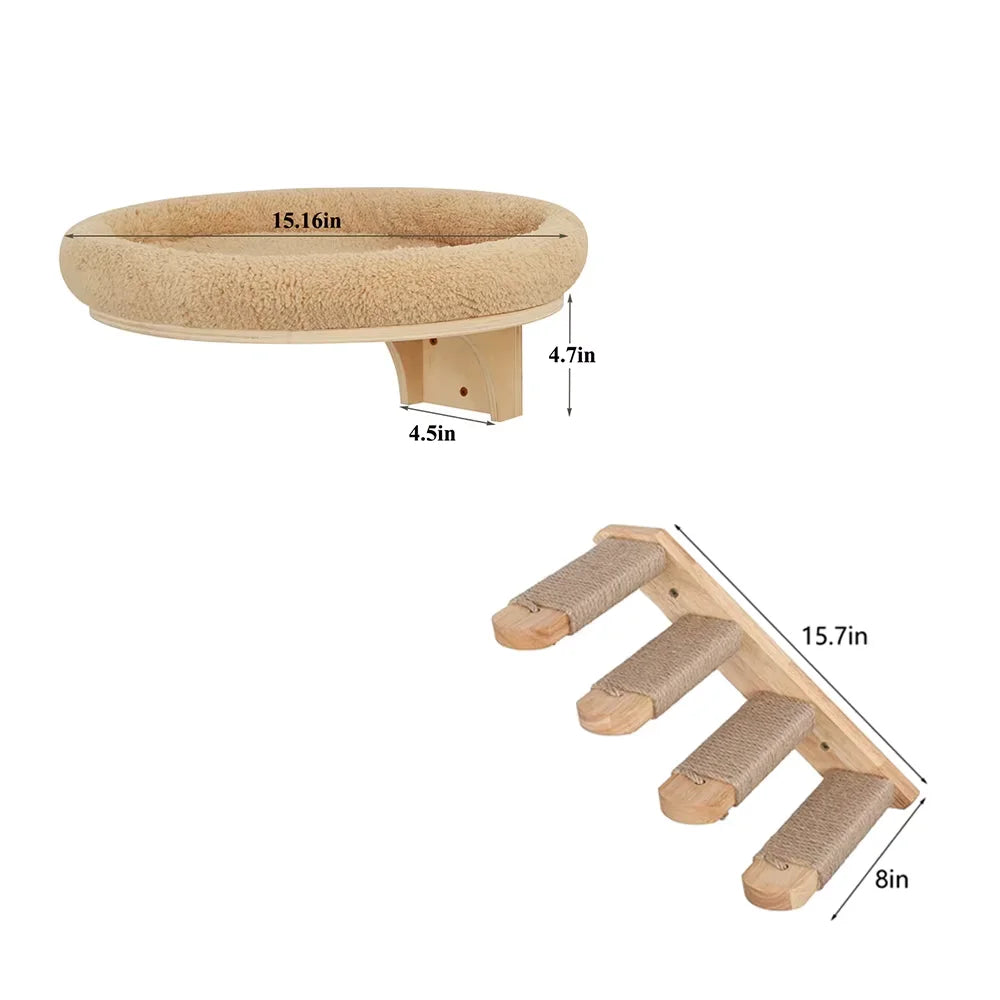 Wall-mounted cat hammock with four-step sisal ladder