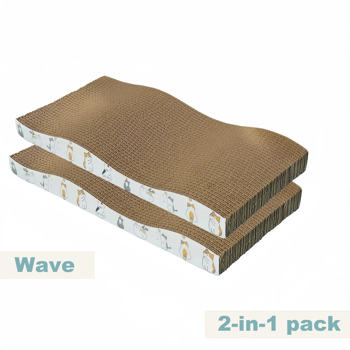Two wave-shaped reversible cardboard cat scratchers