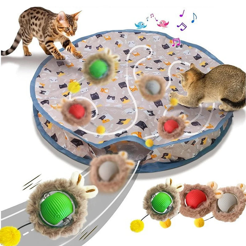 Cats chasing colorful smart balls around a printed hideaway pouch