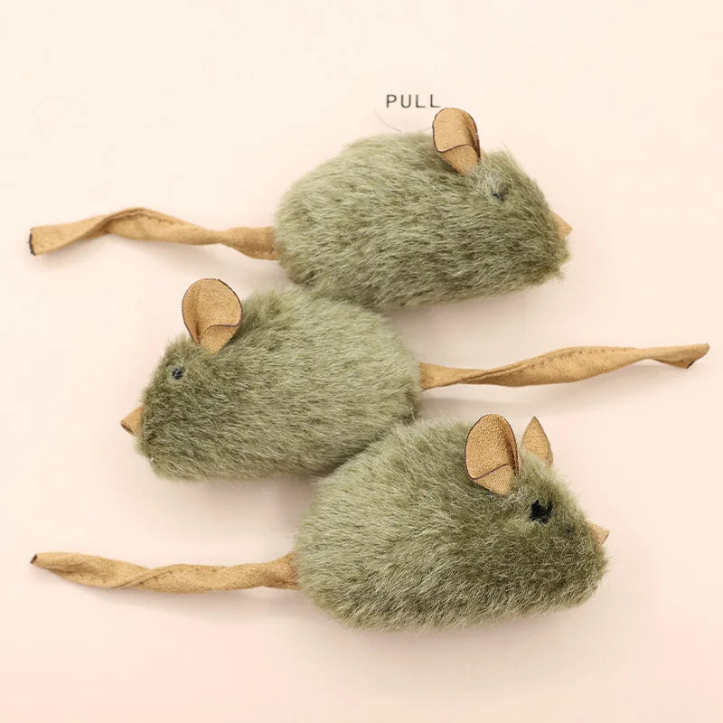 Three plush mouse toys with long fabric tails