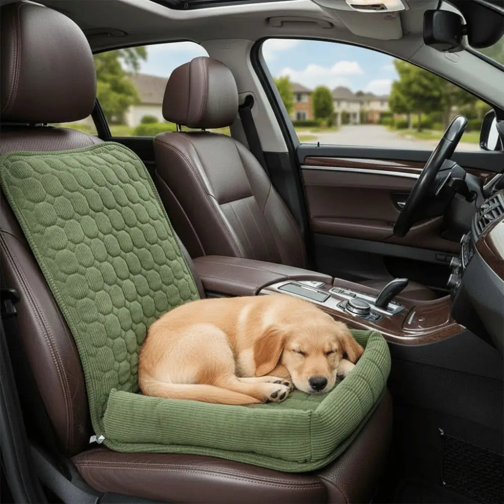 Green padded pet car bed with a dog