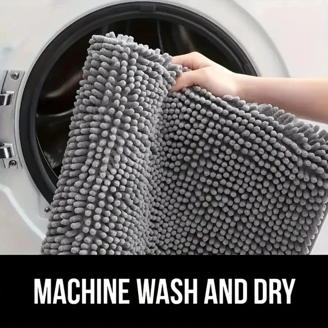 Gray microfiber mat shown at a washing machine
