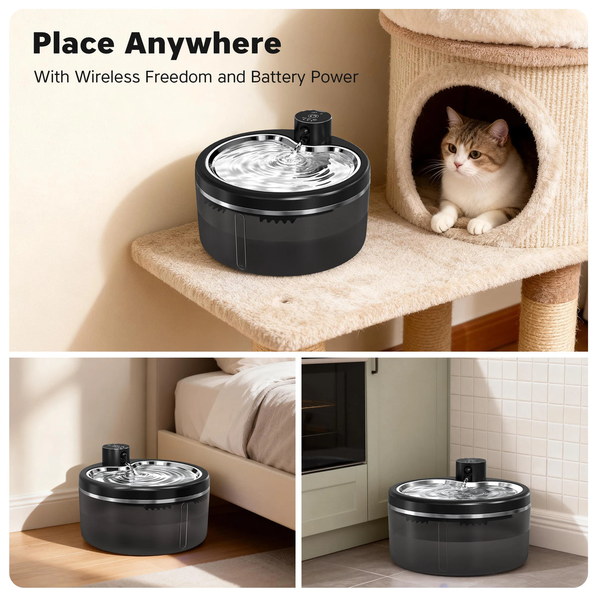 Three-liter fountain capacity and quiet operation overview