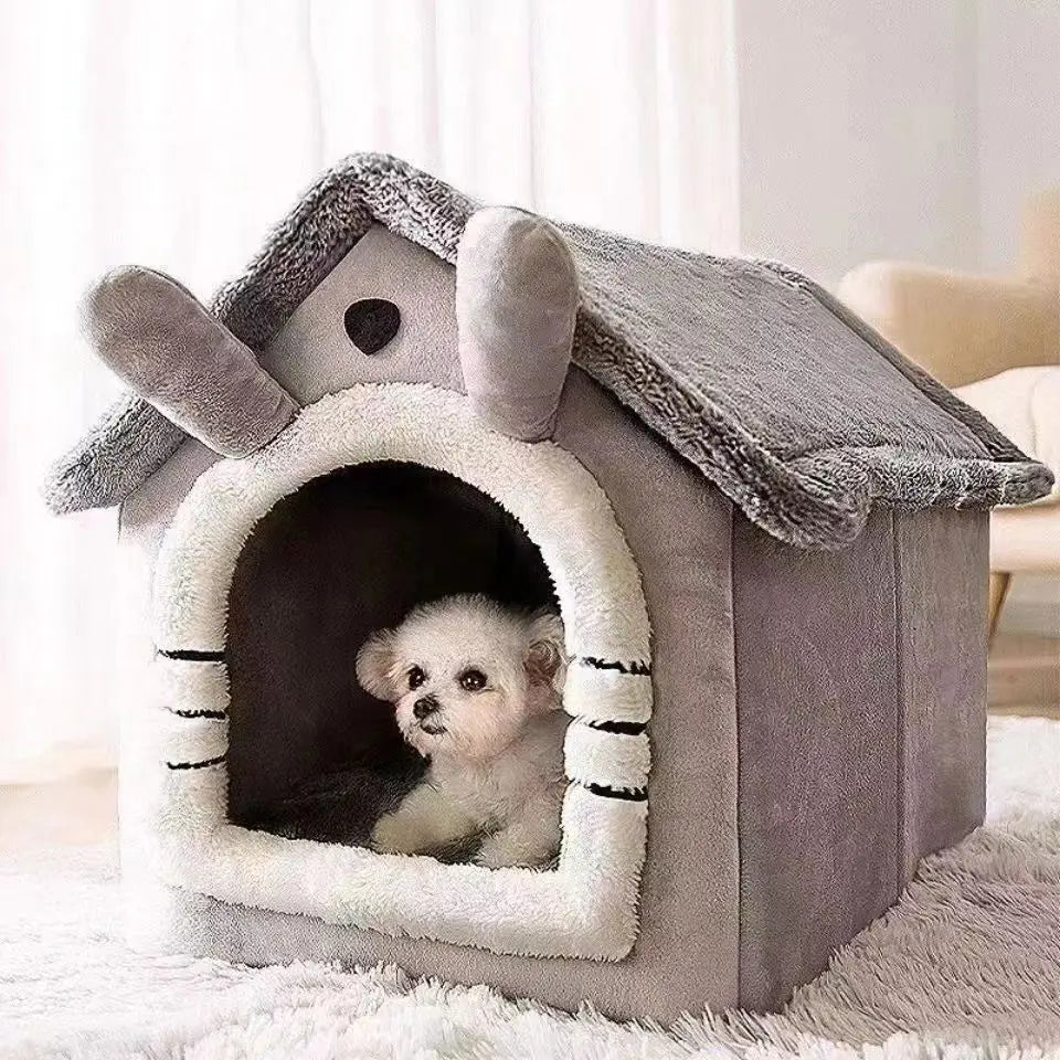 Gray enclosed pet house bed
