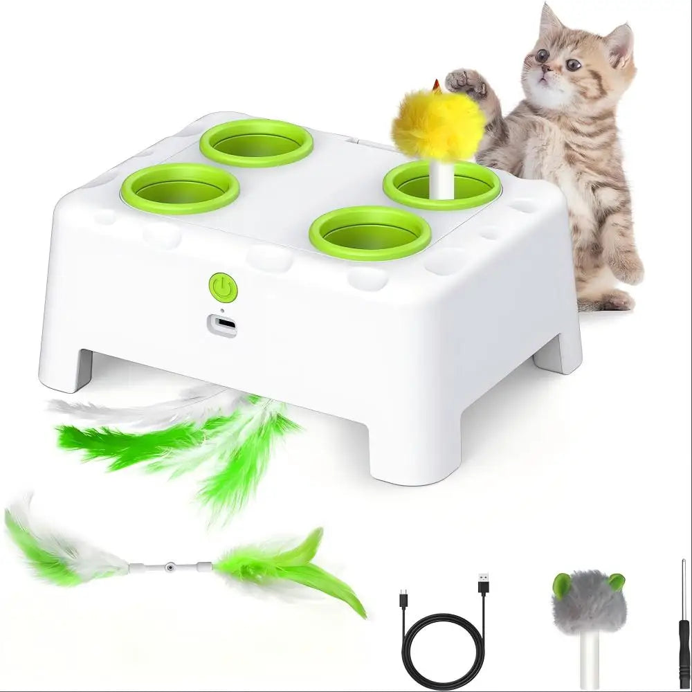 White and green rechargeable pop-up cat toy with play attachments and USB cable