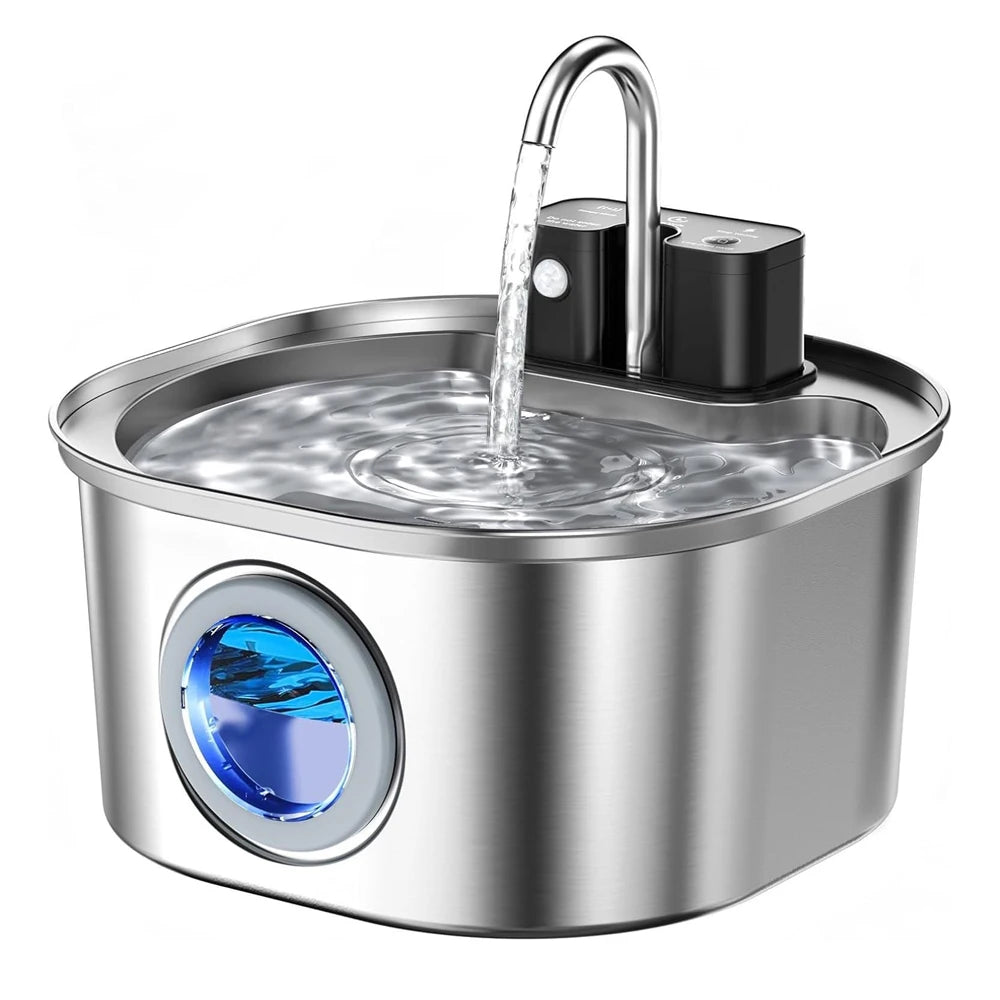 Wireless stainless-steel pet water fountain on white background