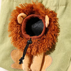 Gray tote plush lion opening and drawcord detail