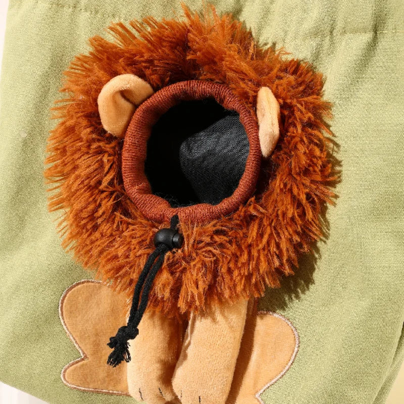 Gray tote plush lion opening and drawcord detail