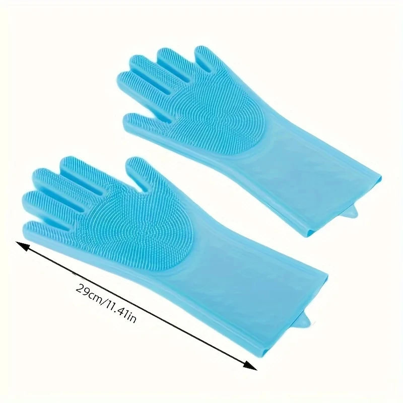 Blue silicone bathing gloves with 11-inch length
