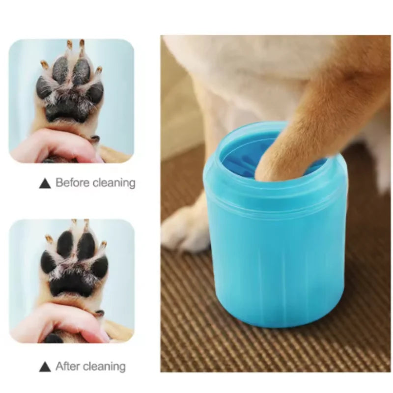 Dog paw inside a blue cleaner cup