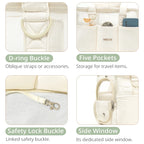 Pockets, side window, buckle, and tether details