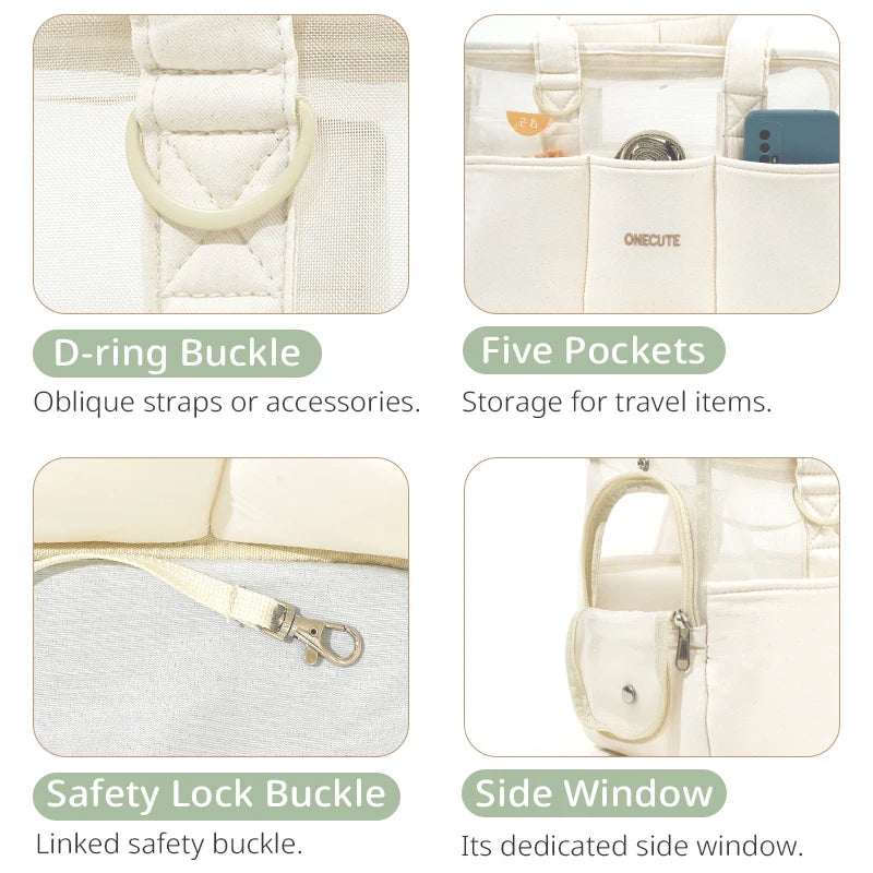 Pockets, side window, buckle, and tether details