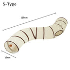 Beige and brown S-shaped cat tunnel measuring 125 cm