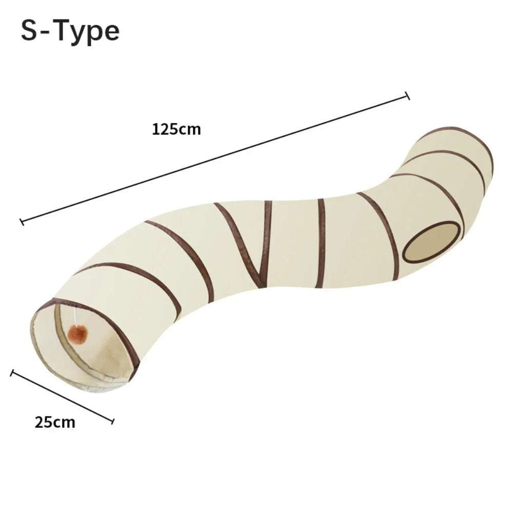 Beige and brown S-shaped cat tunnel measuring 125 cm