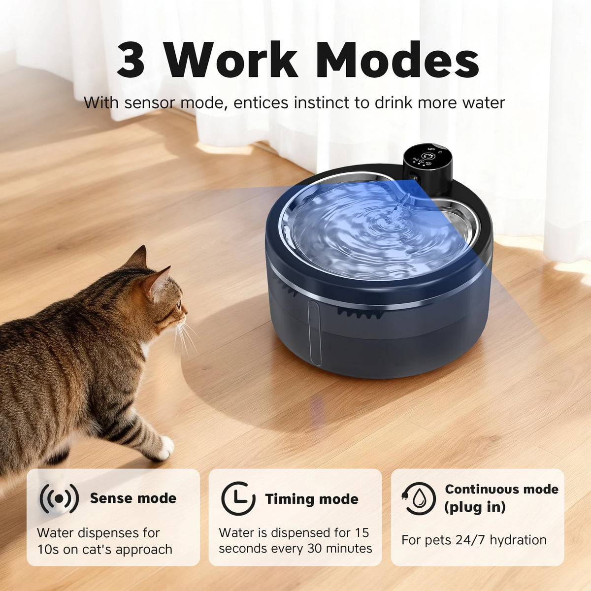 Black wireless pet fountain with stainless-steel tray