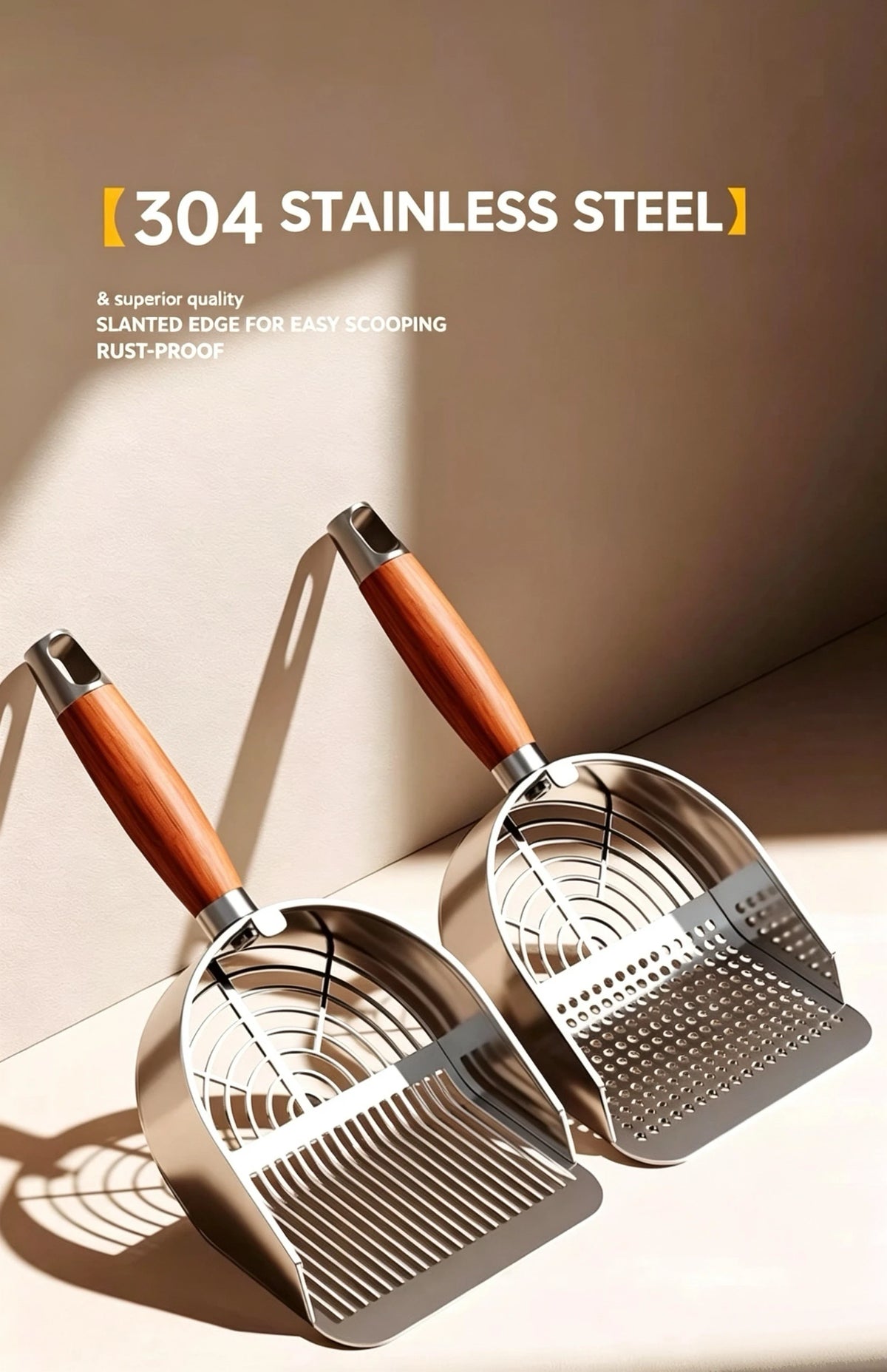 Long-slot and round-hole stainless steel litter scoops with wood handles