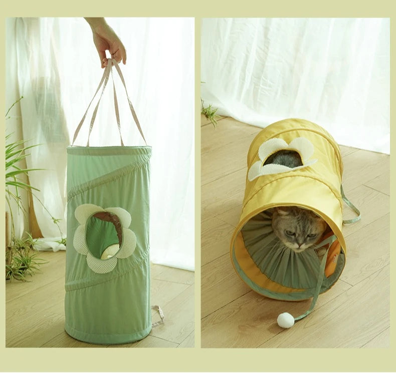 Cat peeking through green spiral tunnel opening
