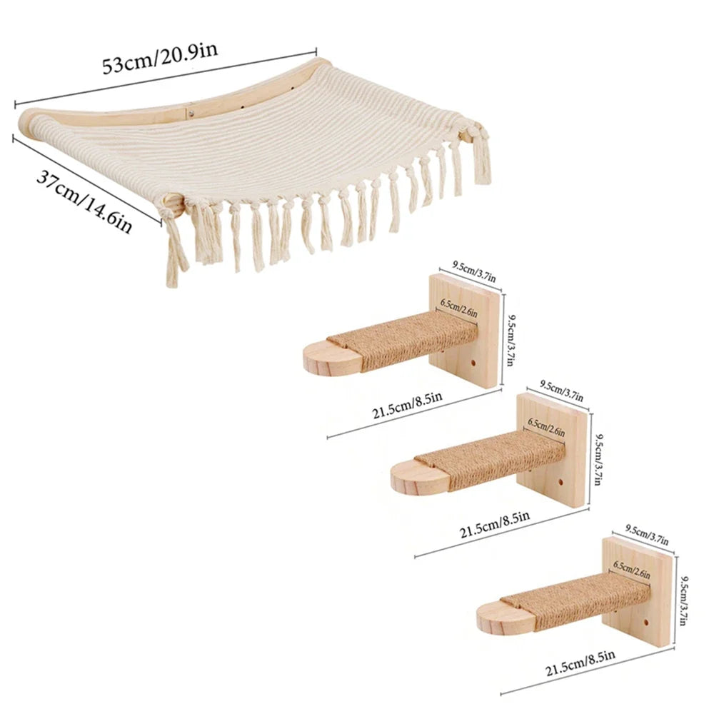 Cream fabric cat wall hammock with three sisal steps