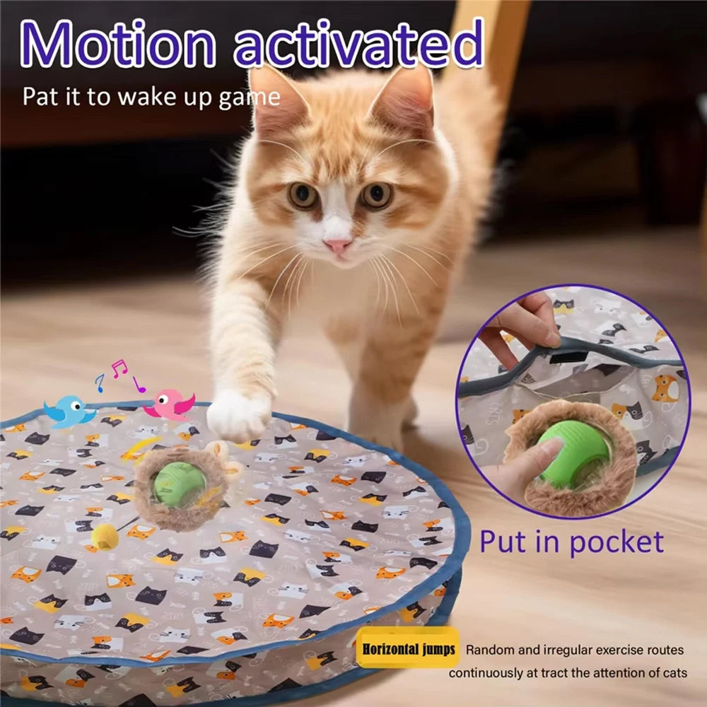 Cat waking a green smart ball through an opening in the pouch