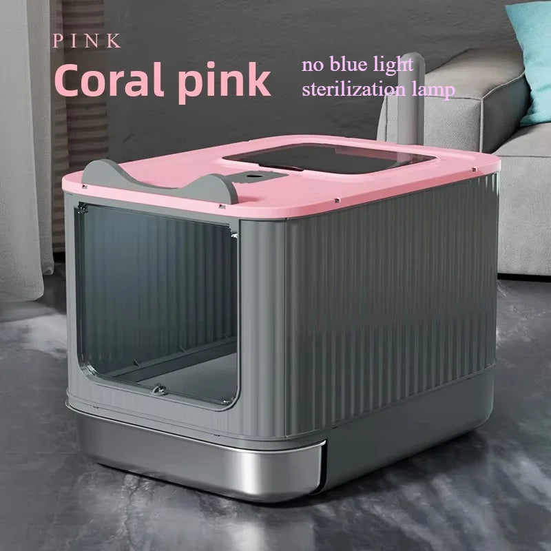 Pink-trim enclosed cat litter box