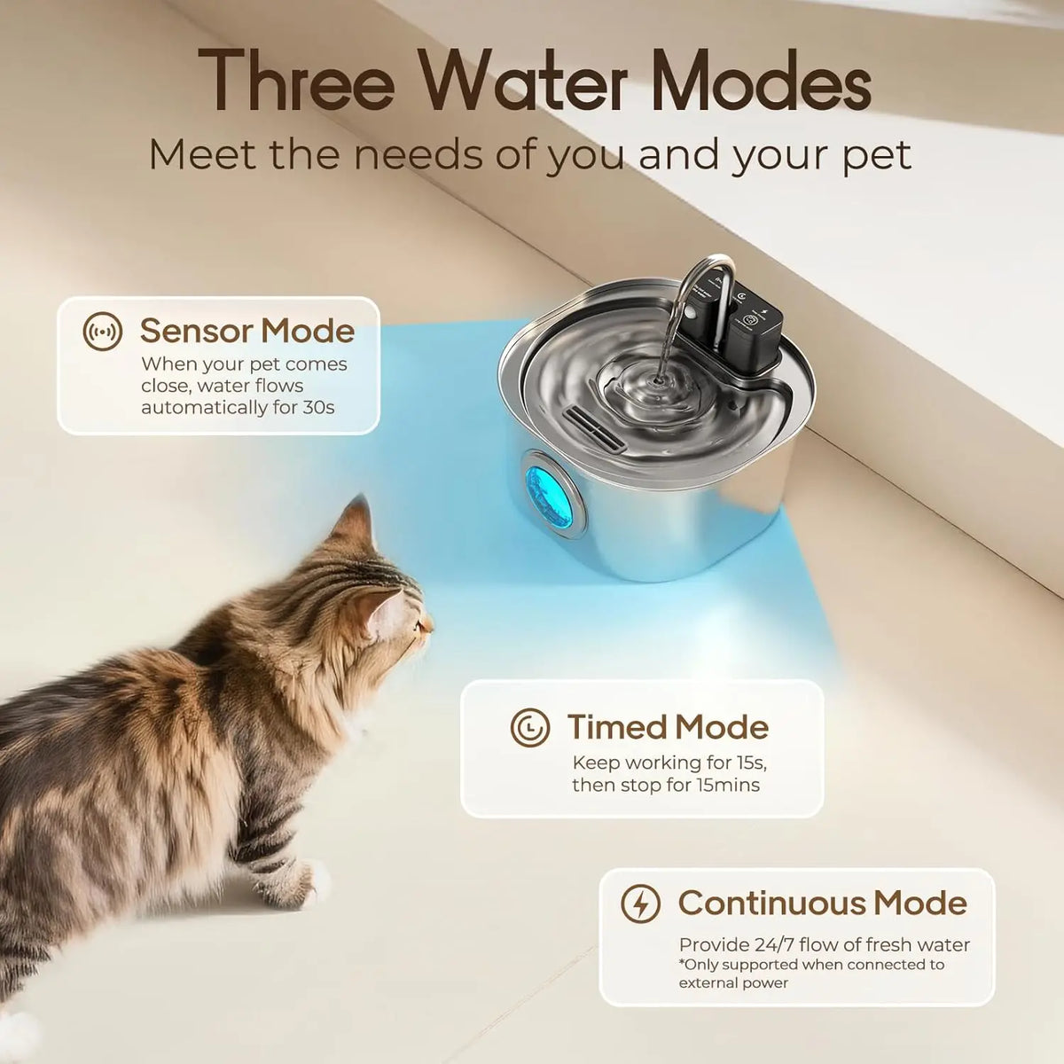 Cat drinking from round stainless-steel fountain