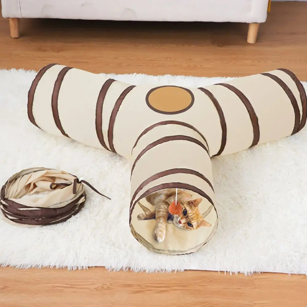 Beige and brown T-shaped cat tunnel in a home setting