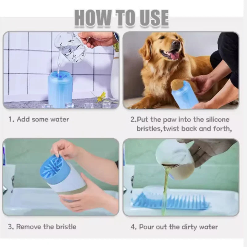Four-step guide for using the dog paw cleaner cup