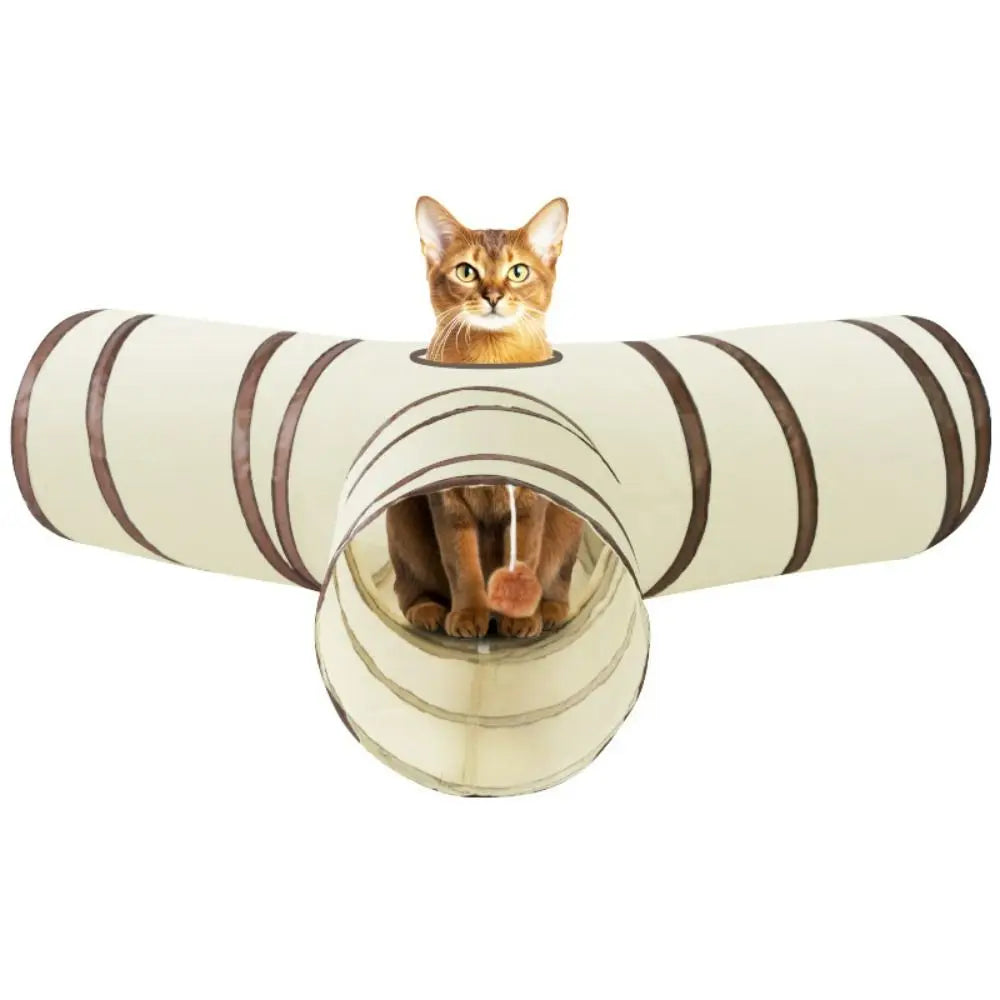 Beige and brown three-way cat tunnel in a home setting