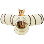 Beige and brown three-way cat tunnel in a home setting