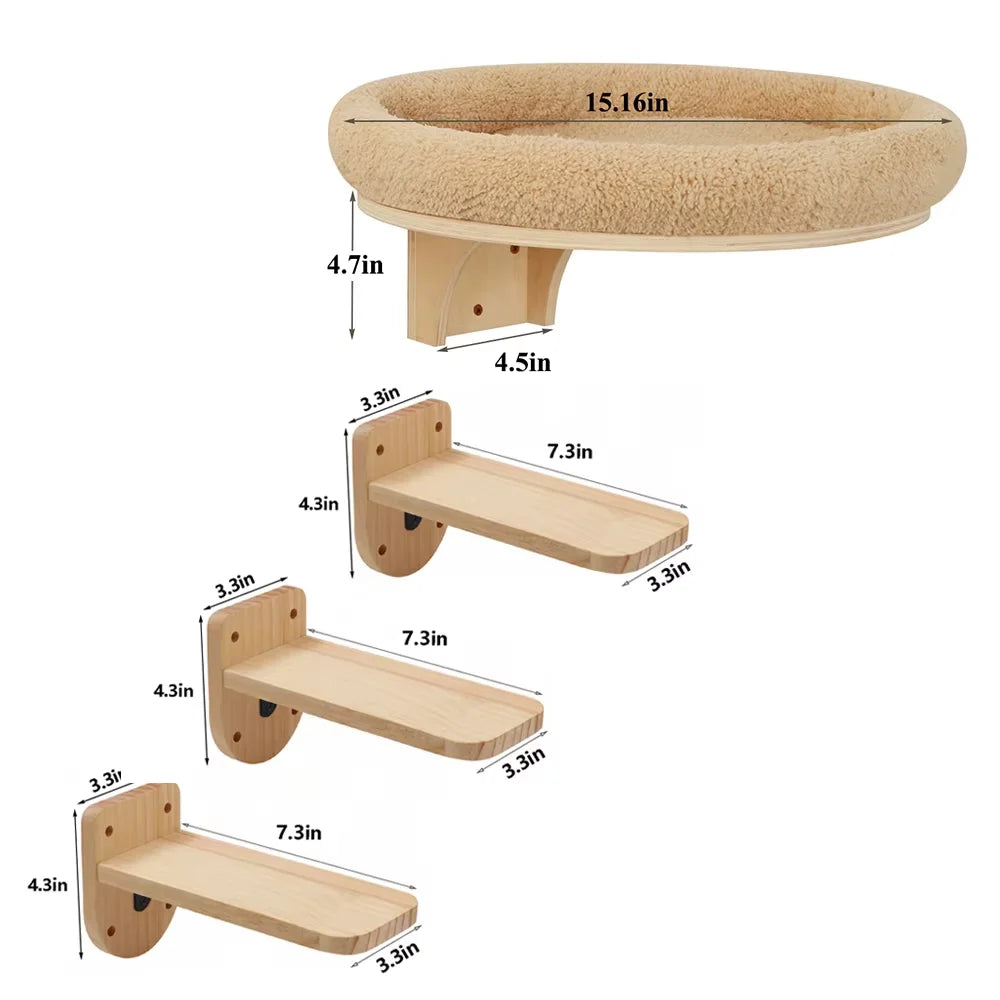 Wall-mounted cat hammock with three pine step perches
