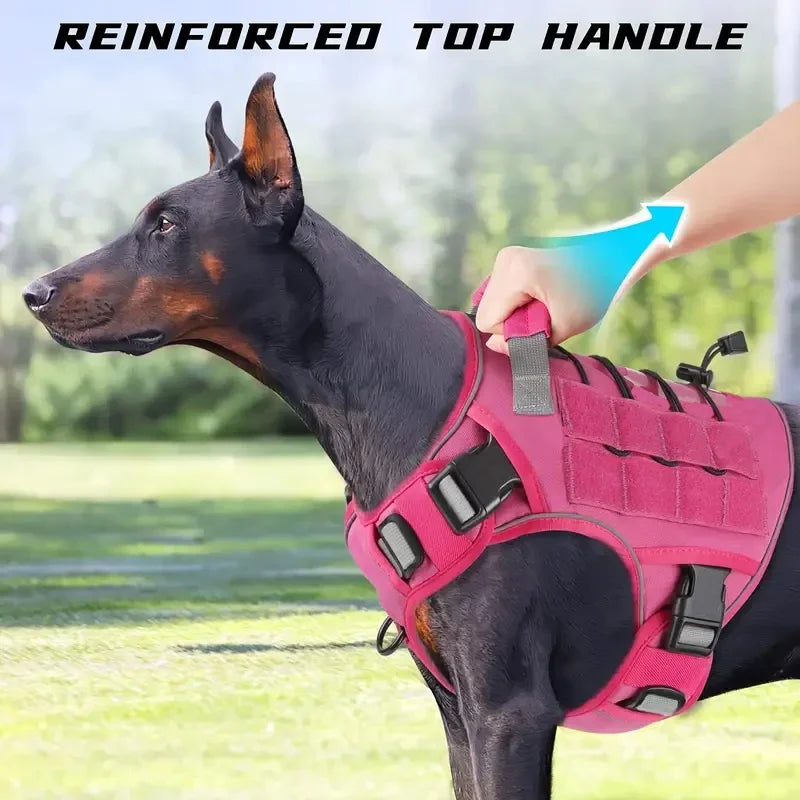 Fuchsia reflective tactical dog harness with reinforced top handle