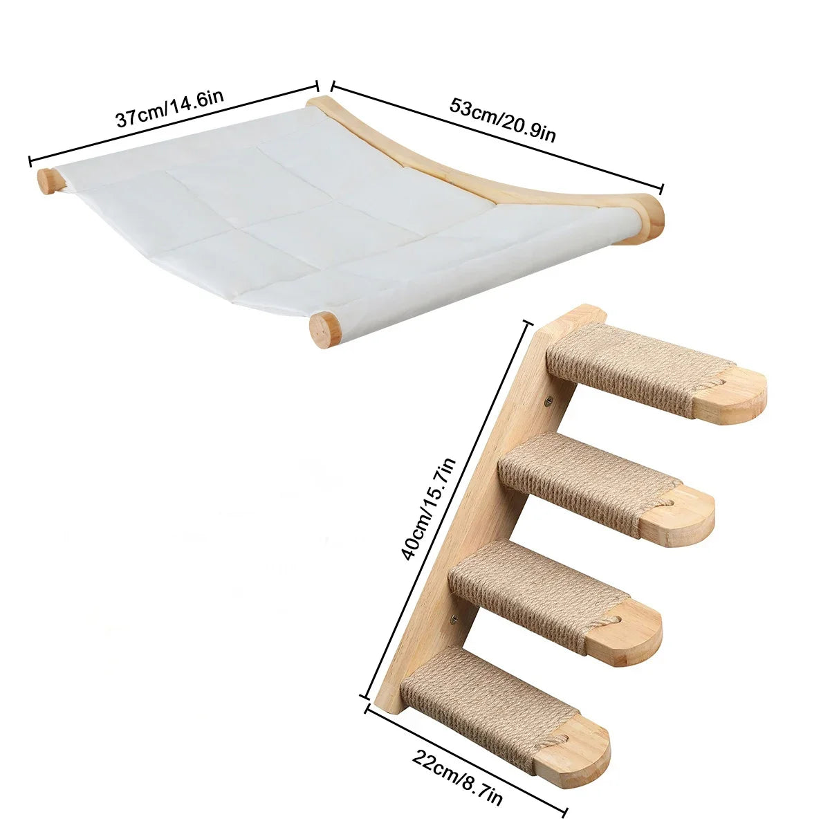 Cream fabric cat wall hammock with a four-step ladder