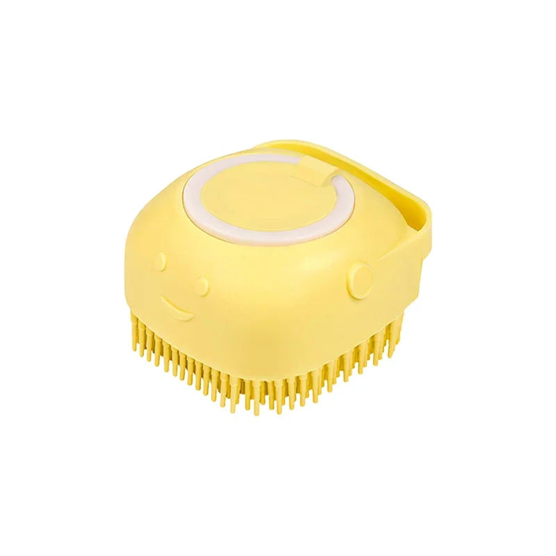 Yellow shampoo-dispensing pet bath brush