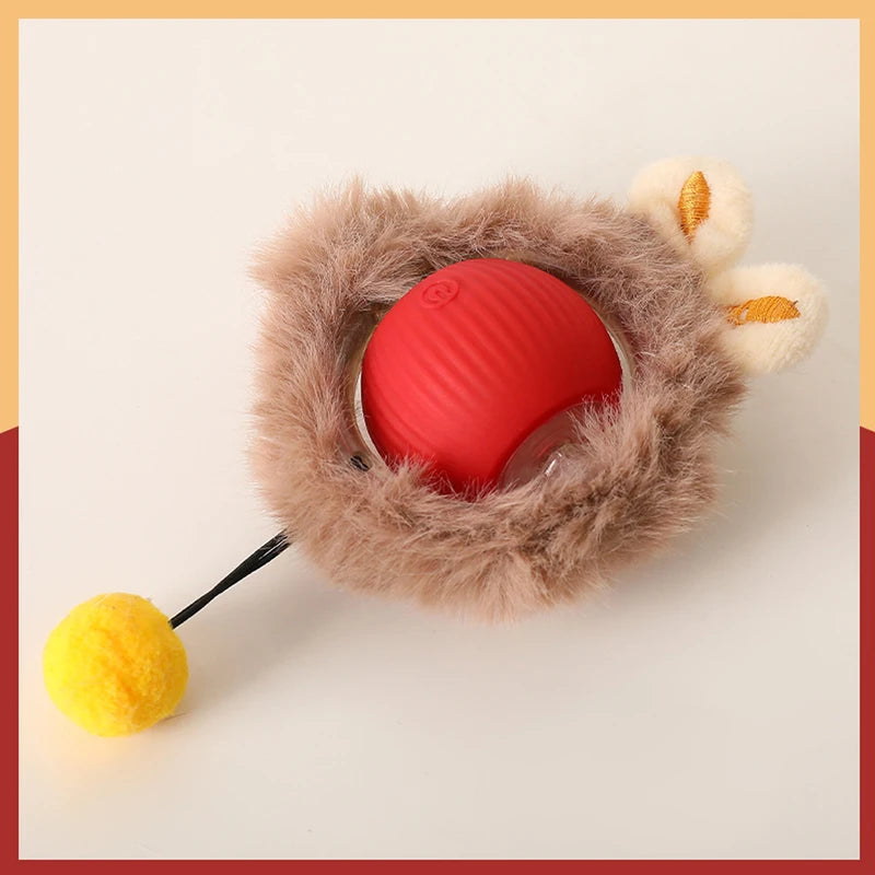 Red motion-activated smart cat ball with plush cover and pom-pom