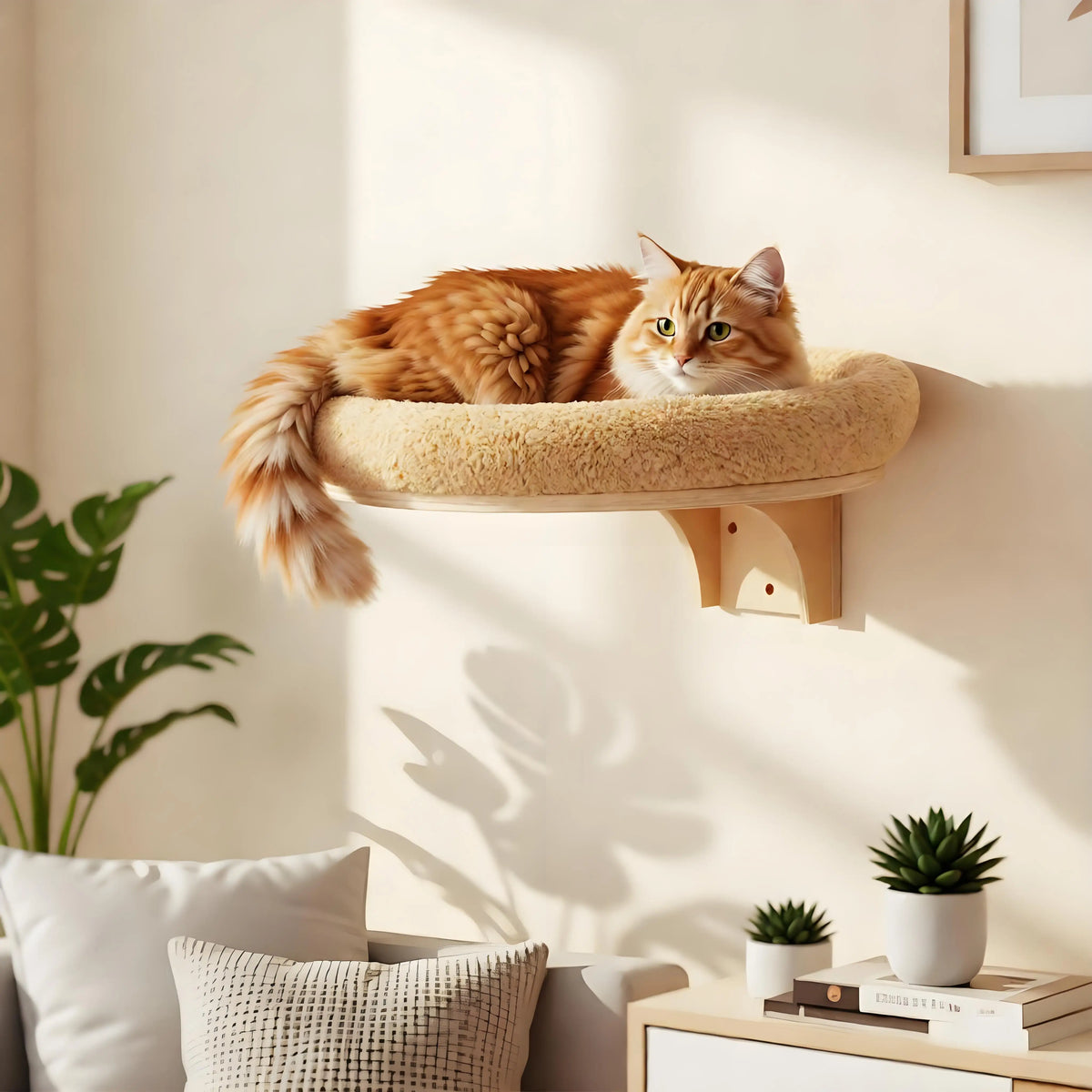 Cat resting in a pine wall-mounted hammock