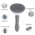 Slicker brush feature diagram with release button, grip and hanging hole