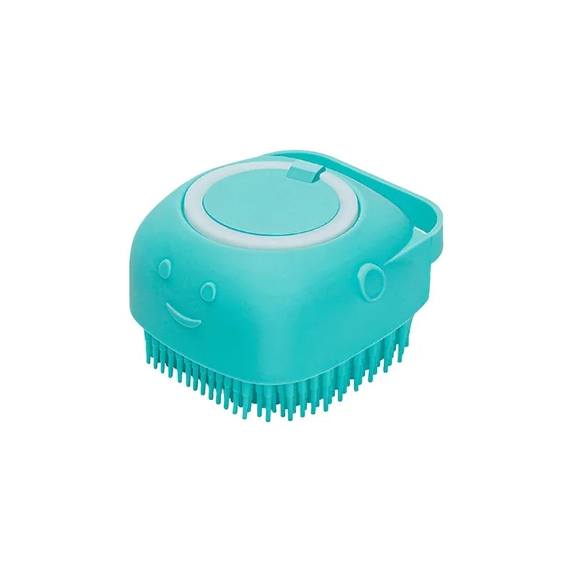 Blue shampoo-dispensing pet bath brush